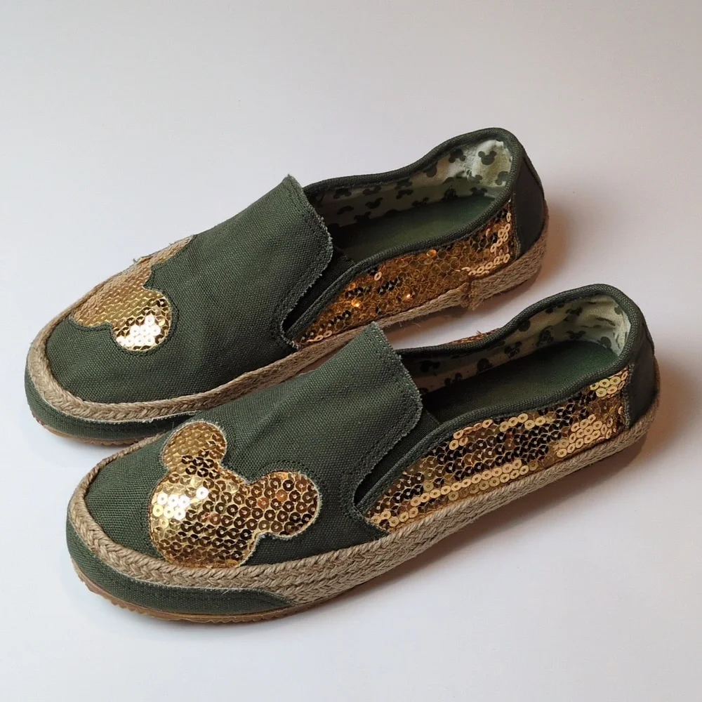 Disney Mickey Mouse Women's Olive Green Gold Sequin Espadrille Slip On Shoes 10